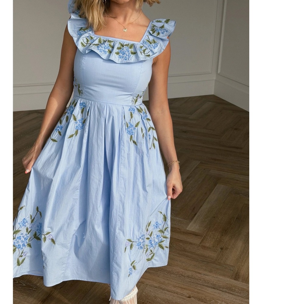 JessaKae Blue Floral Embroidered Cotton Ruffle Midi Dress L Hydrangea prairie